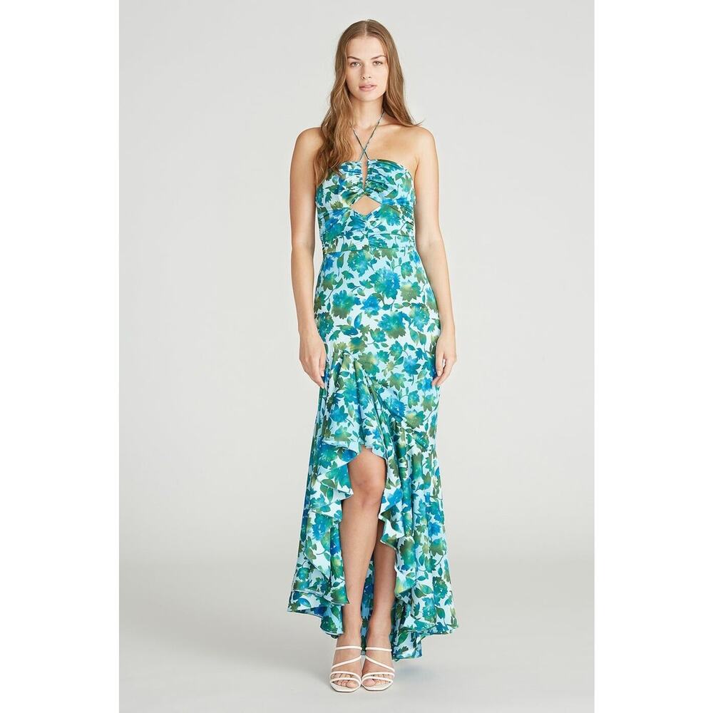 AMUR Blue and Green Floral Strapless Maxi Dress